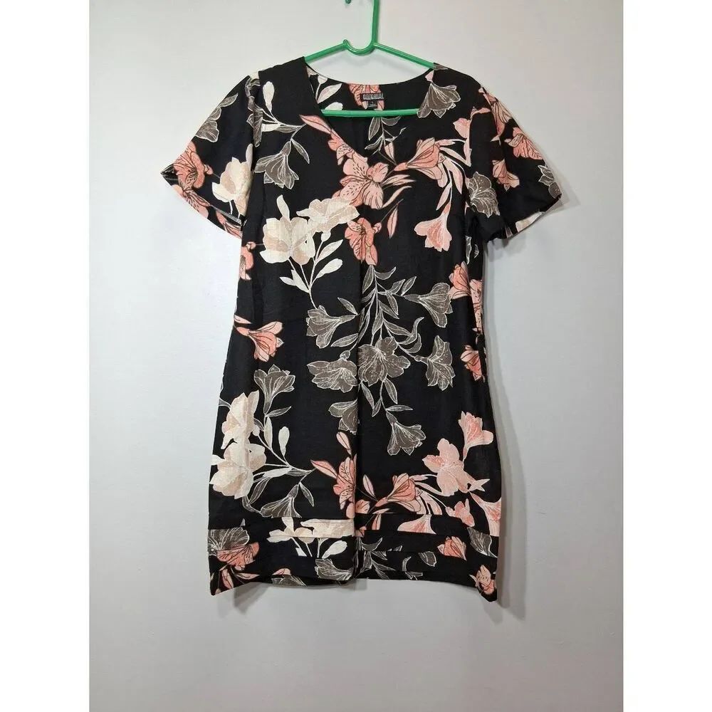 Nicole Miller womens large linen viscose shift dress midi floral peach black